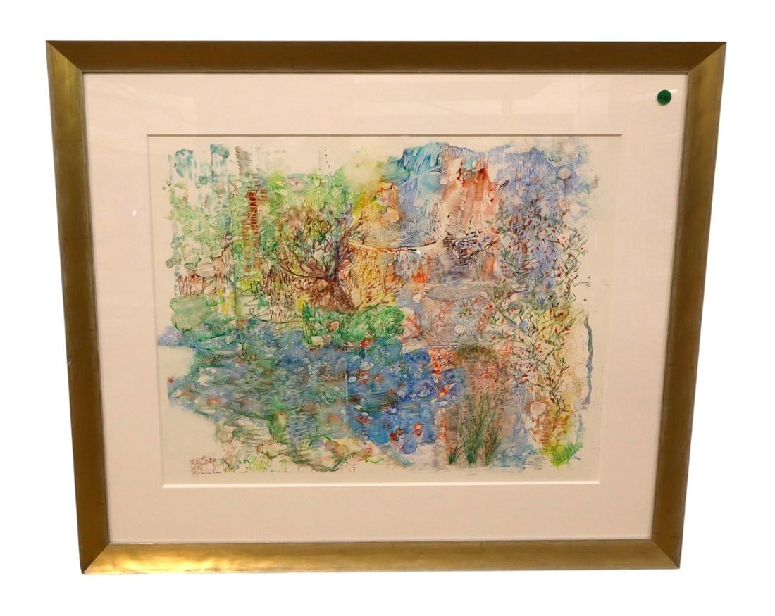 Watercolor by Jeremy Taylor titled West of Eden: Watercolor by Jeremy Taylor titled "West of Eden" in modern design frame, structurally sound and in good condition for age. Footprint: 29.75"h x 34.5"w