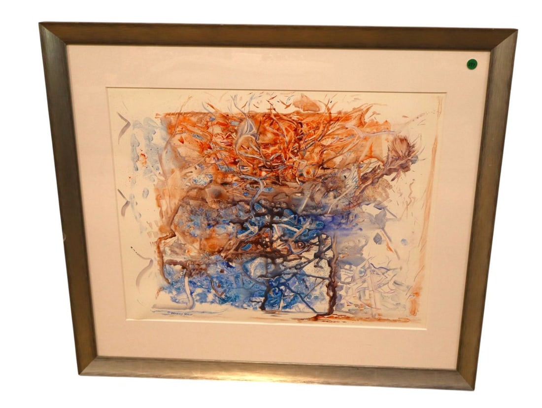 Contemp watercolor Jeremy Taylor titled Network: Contemporary watercolor by Jeremy Taylor titled "Network" in modern design frame, structurally sound and in good condition for age. Footprint 30"h x 34"w