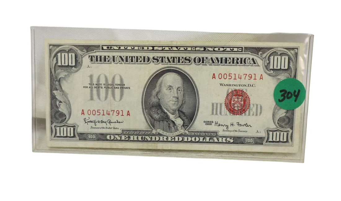 US $100 dollar 1966 Red Seal Note (1 of 3)
