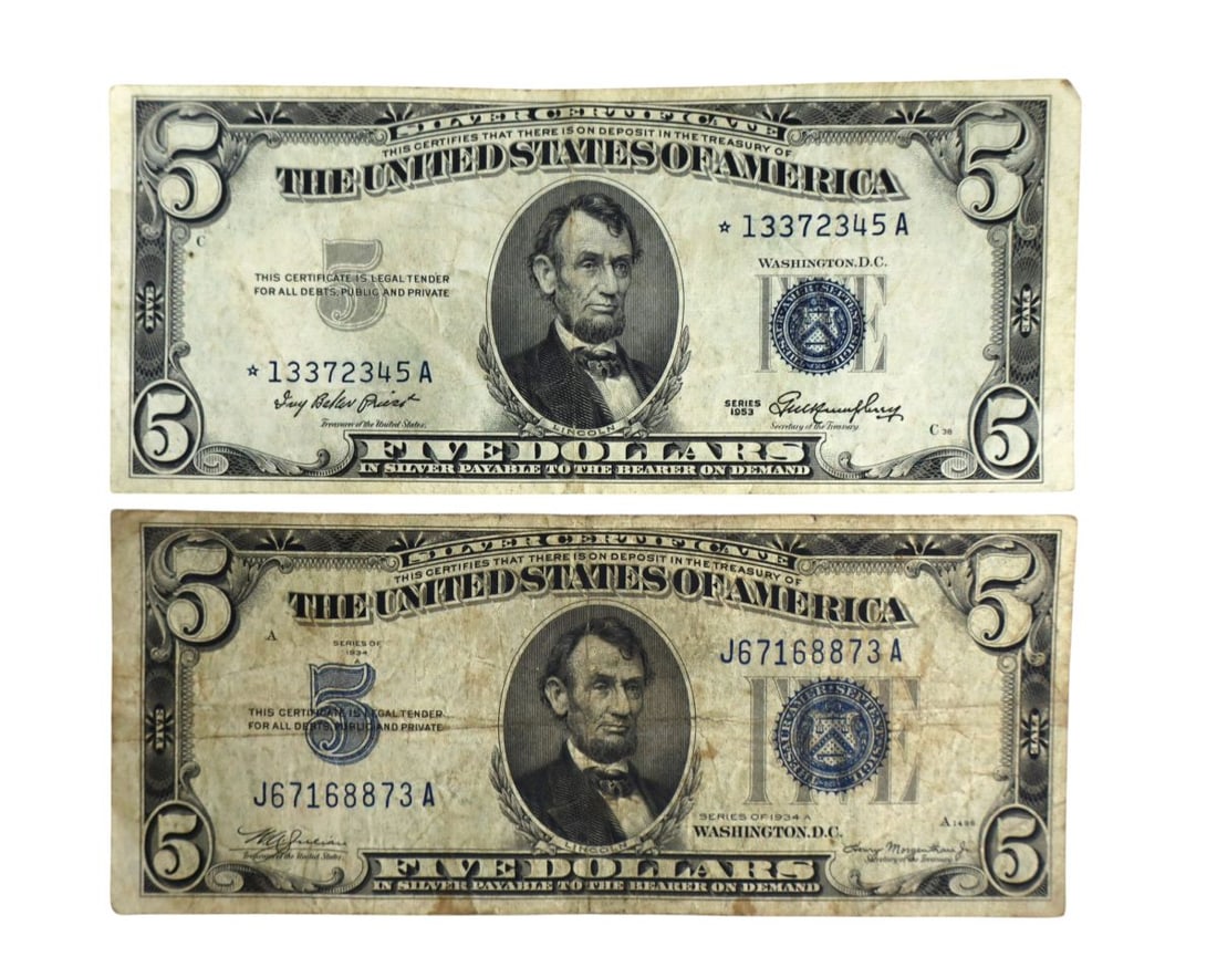 2 US $5 dollar silver blue seal certificates, 1953 star note & 1934-A (1 of 3)