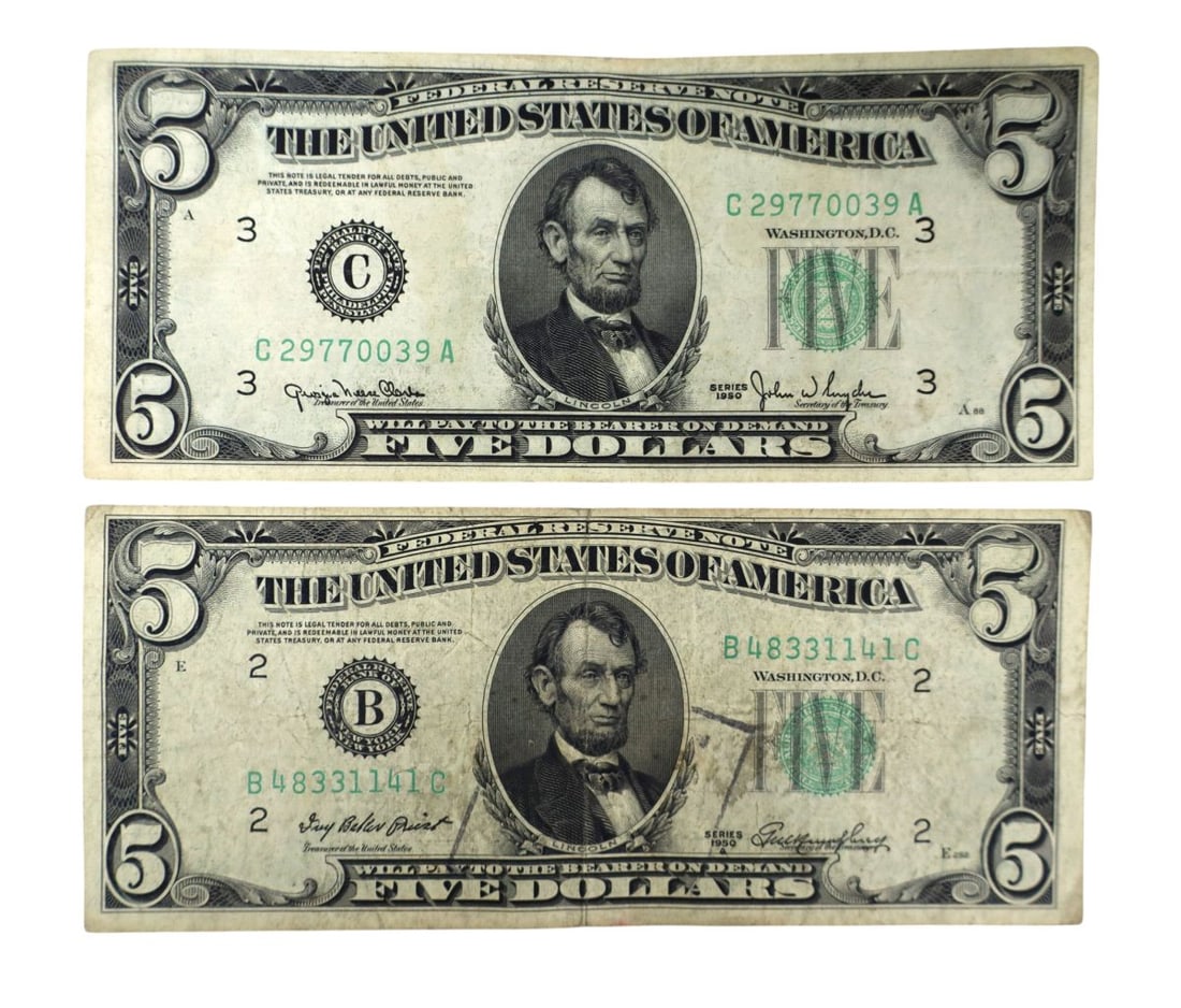 2 US $5 dollar green seal notes 1950 1950-A: 2 US $5 dollar green seal notes 1950 1950-A