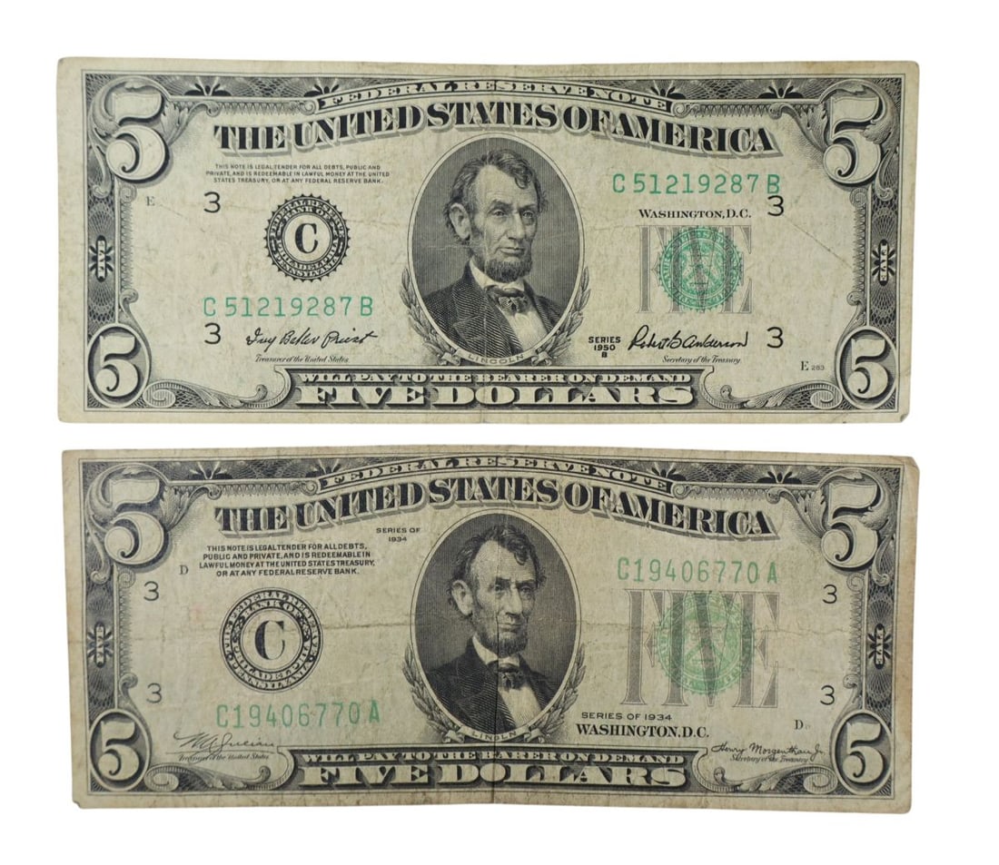 2 US $5 dollar green seal notes 1950-B 1934 (1 of 3)