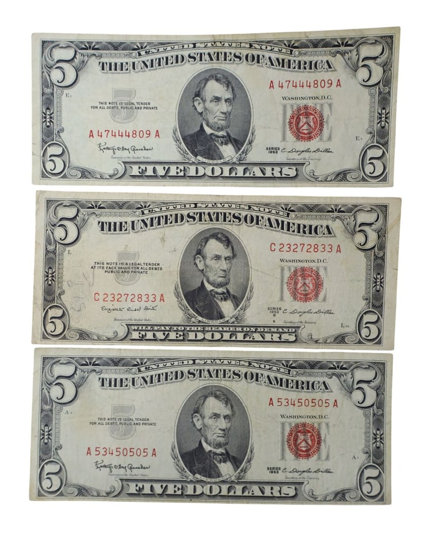 3 US $5 dollar red seal notes 1963 1963 1953-B: 3 US $5 dollar red seal notes 1963 1963 1953-B