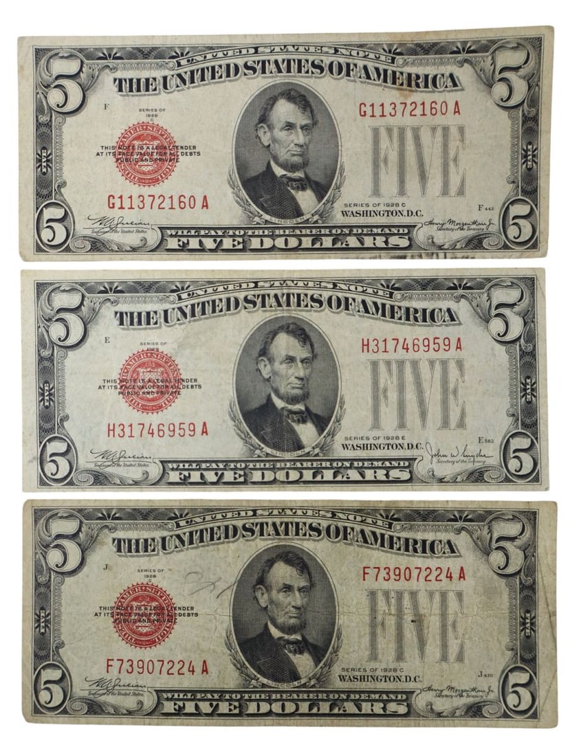 3 US $5 dollar red seal notes 1928-C 1928-C 1928-E (1 of 3)