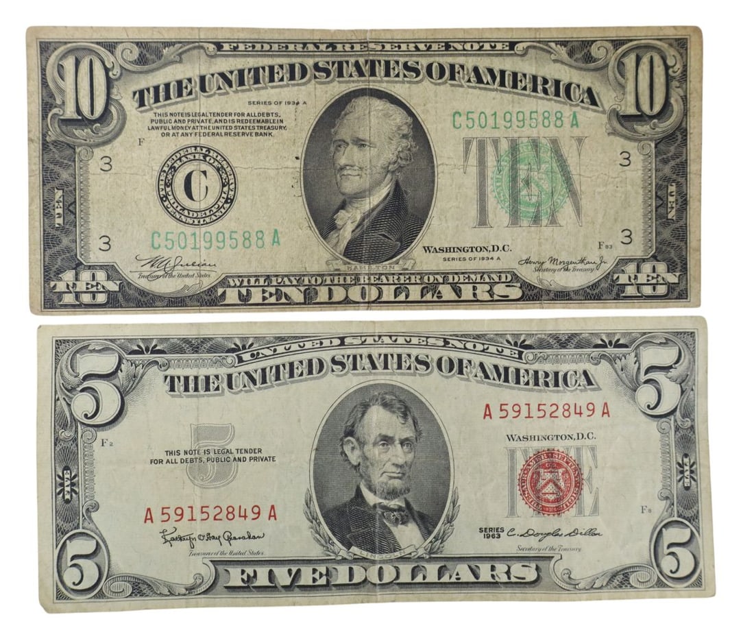 US $10 dollar green seal note 1934-A & US $5 dollar red seal note 1963: US $10 dollar green seal note 1934-A & US $5 dollar red seal note 1963