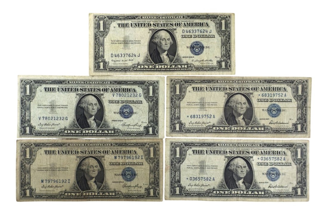 5 US $1 dollar silver blue seal certificates 2 1957 start notes, 2 1935-E, 1 1935-G (1 of 3)