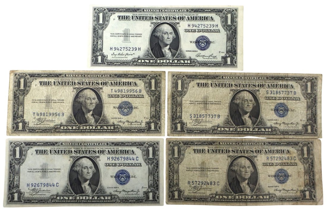 5 US $1 dollar silver blue seal certificates 4 1935-A, 1 1935-E (1 of 3)