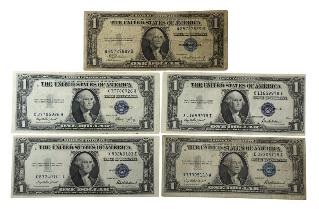 5 US $1 dollar silver blue seal certificates 2 1935-F, 1935-A, 1935-E, 1957 (1 of 3)