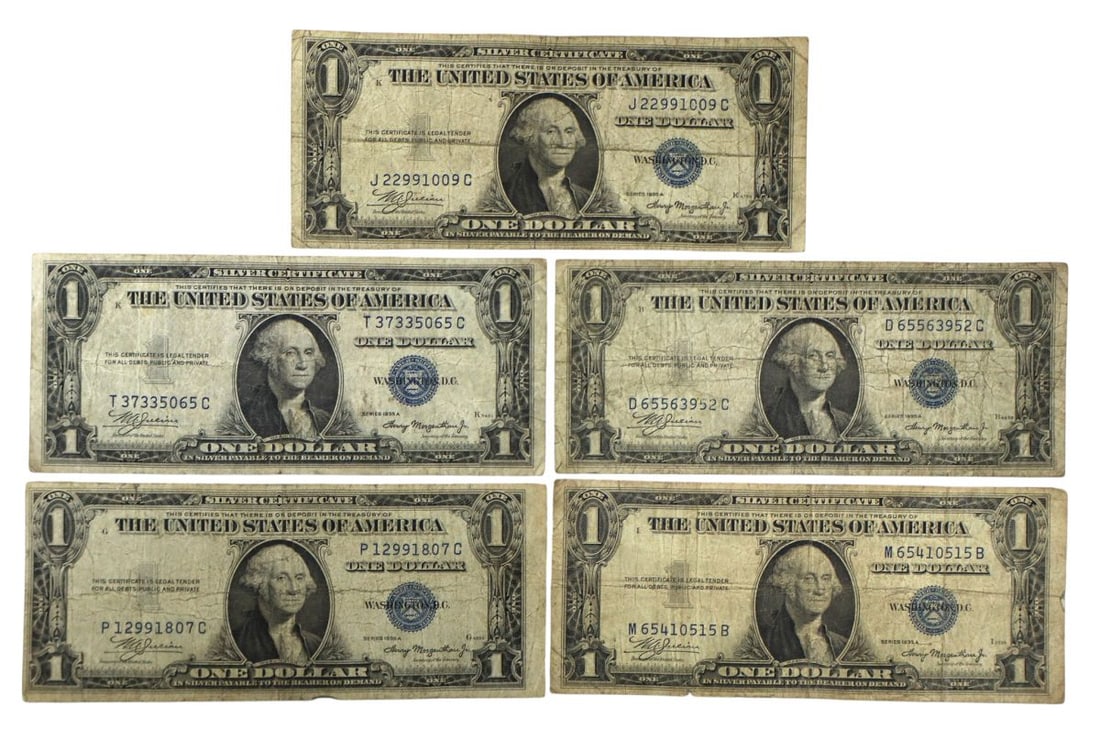 5 US $1 dollar silver blue seal certificates 1935-A (1 of 3)