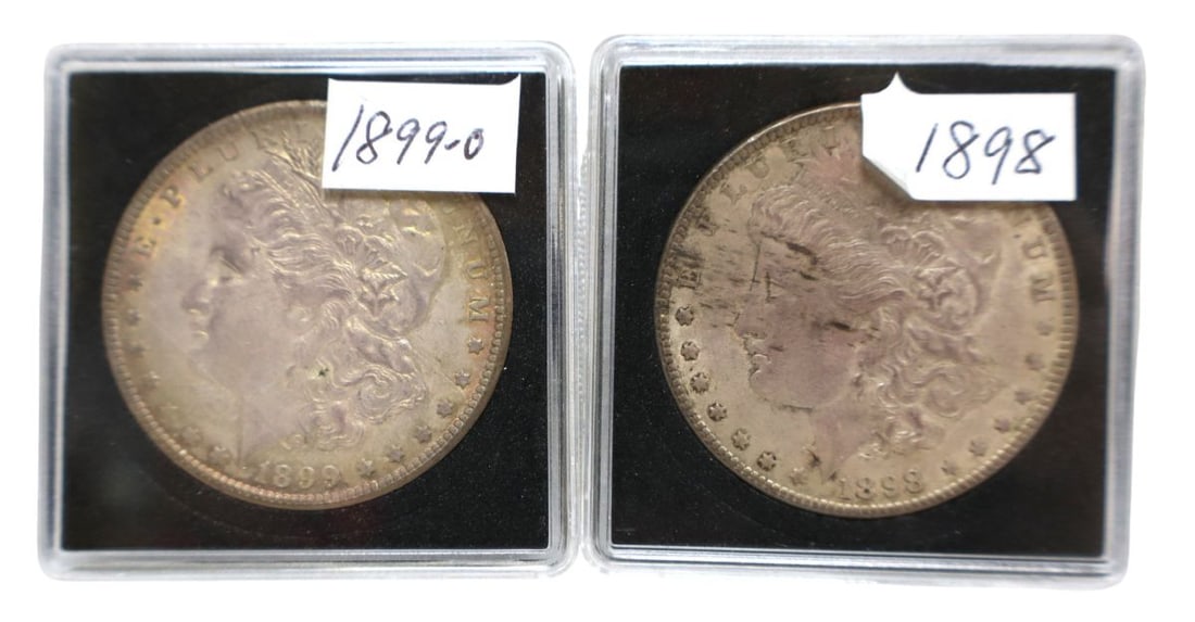 2 US Morgan silver dollars in plastic slabs 1899-O 1898 (1 of 3)
