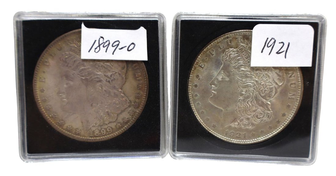 2 US Morgan silver dollars in plastic slabs 1921 1899-O (1 of 3)