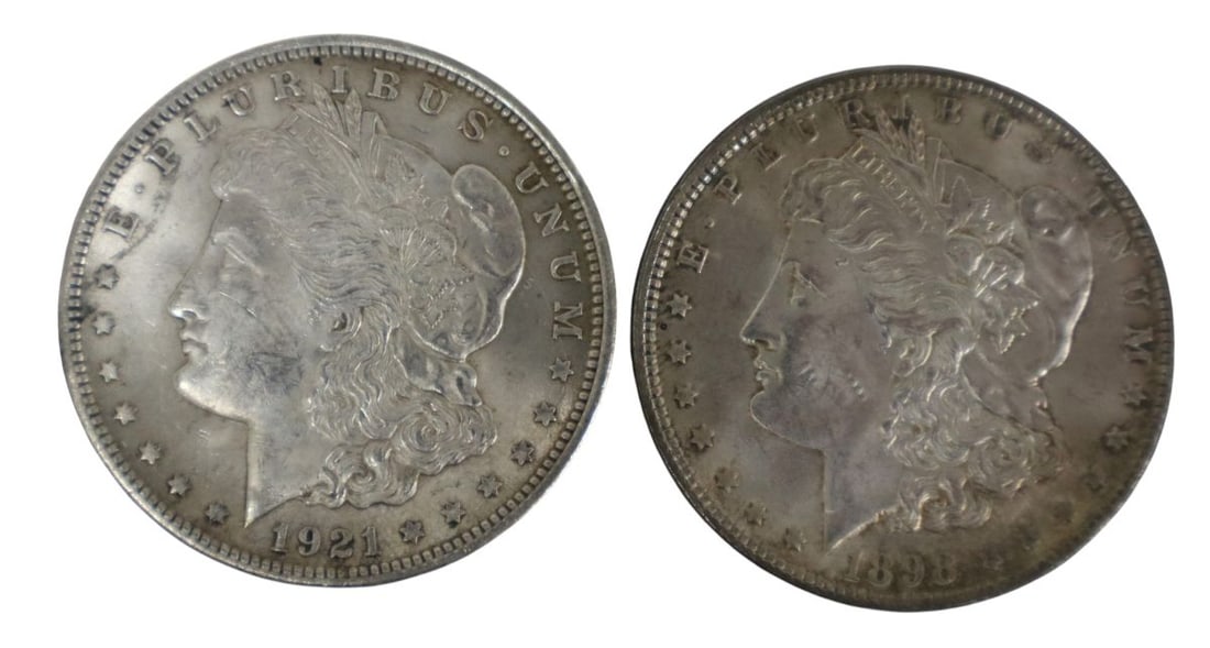 2 US Morgan silver dollars 1898 1921 (1 of 3)