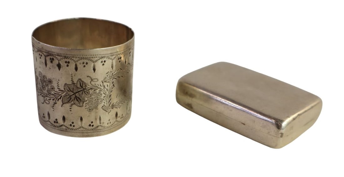 2 pieces of SS: antique hinged pill box & napkin ring (1 of 5)