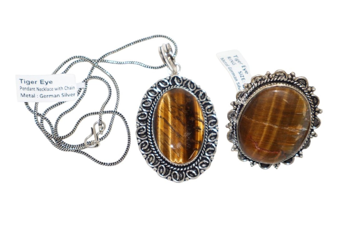German silver tiger eye ring sz 9 & pendant on 18" chain (1 of 3)
