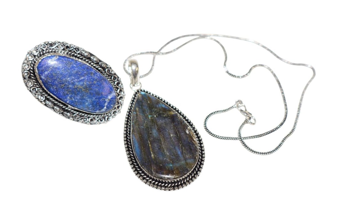 German silver sz 9 Lapis ring & Labarodorite pendant on 18" chain. (1 of 3)