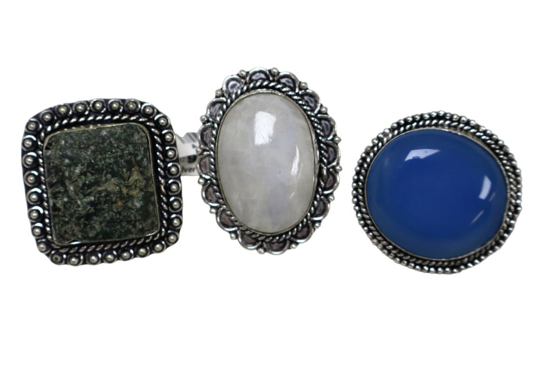 3 german silver rings: Kambaba jasper size 6, bloue onyx size 7, rainbow moon ring size 9: 3 german silver rings: Kambaba jasper size 6, bloue onyx size 7, rainbow moon ring size 9