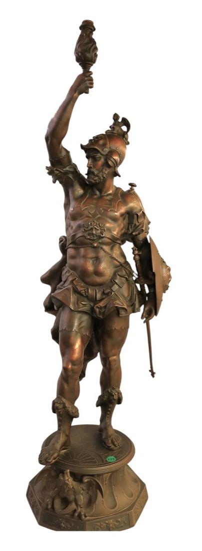 Ant. 19thC ornate bronze newel post figural lamp (1 of 12)