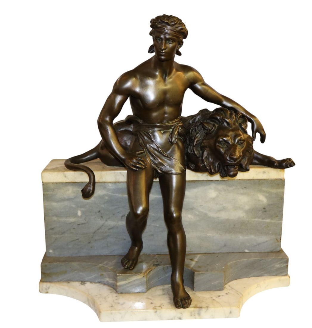 Antique 19thC bronze man & lion on marble wall (1 of 8)