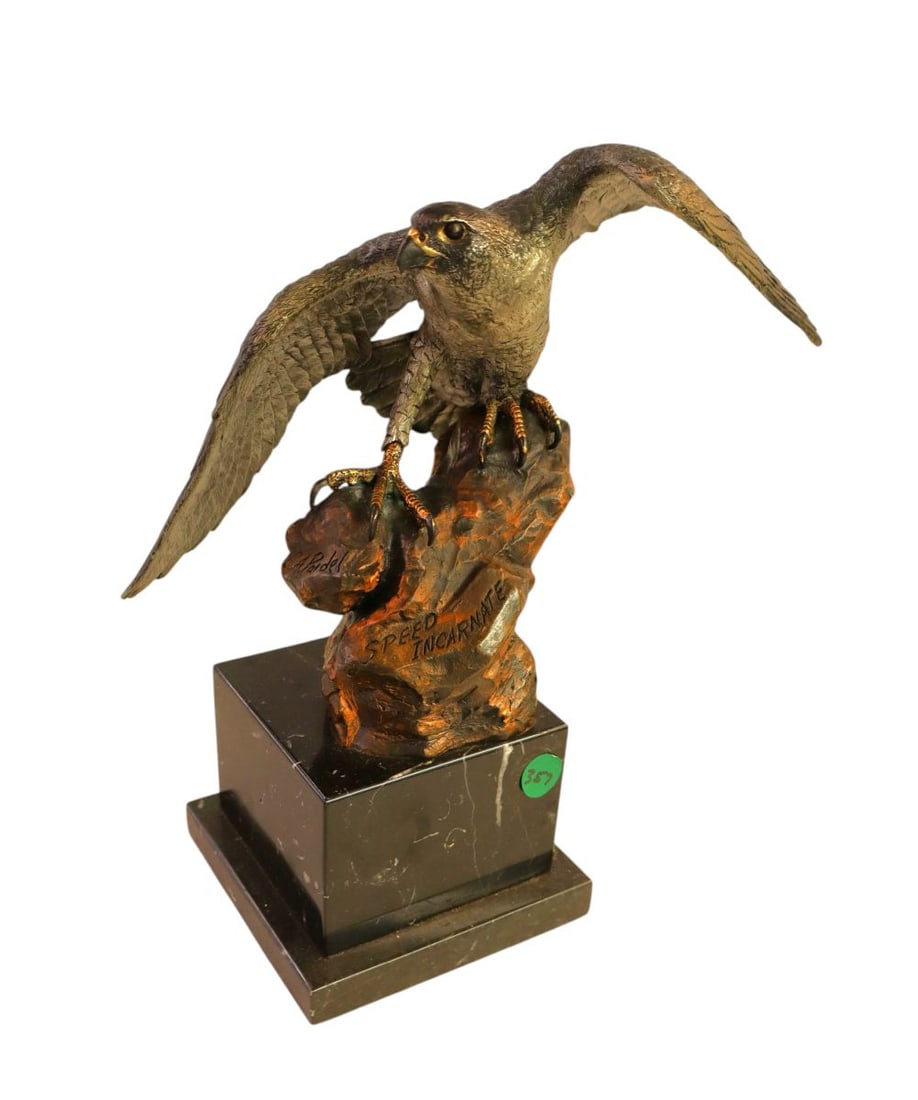 20thC sg C.A. Pardel Speed Incarnate bronze falcon on rock (1 of 6)