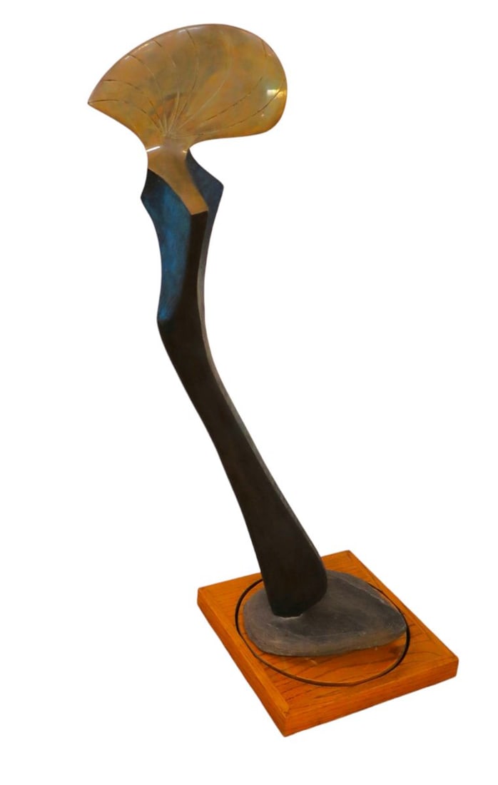 Unique 20thC Modern Bronze & Color Sculpture on base: 20th century modern art sculpture bronze and color on stone base with custom oak swiveling base with no issues seen. 45"h on square 15"x15" base.