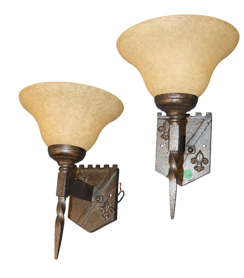 PR mid evil style cast metal wall sconces w/shades (1 of 3)