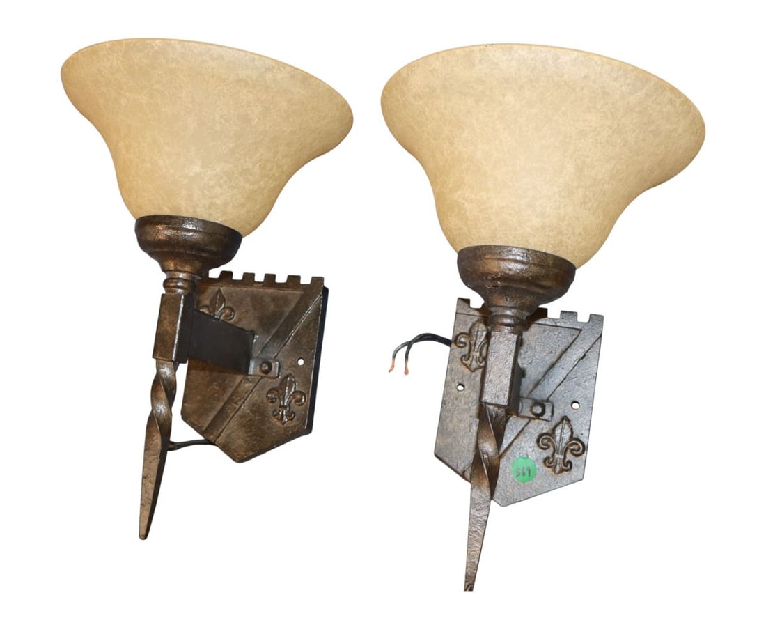 PR mid evil style cast metal wall sconces w/shades (1 of 3)