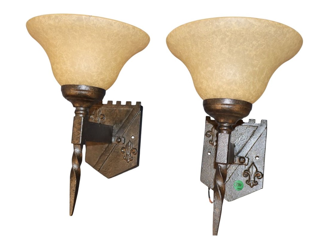 PR mid evil style cast metal wall sconces w/shades (1 of 3)
