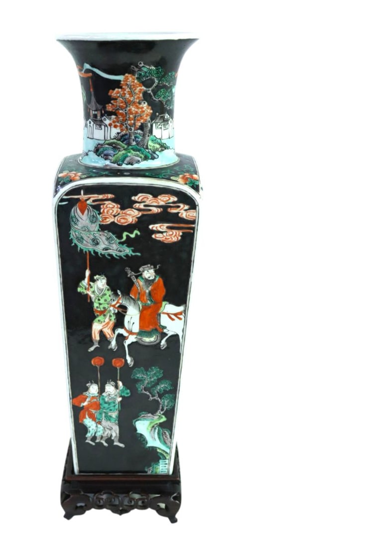 Chinese Famille Noire tapered vase on rosewood stand (1 of 7)