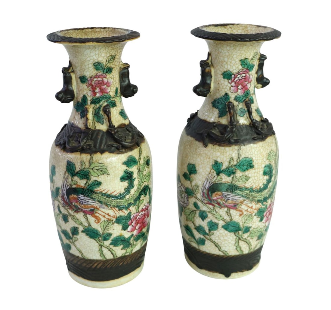 PR vtg Chinese Nanking style crackle glazed vases: Pair of vintage Chinese Nanking style porcelain crackle glazed vases, hand painted bird, foliage and flowers scene signed on bottom, one has chips around rim, they do show age. Ea. 10.5"h x 4" diamete