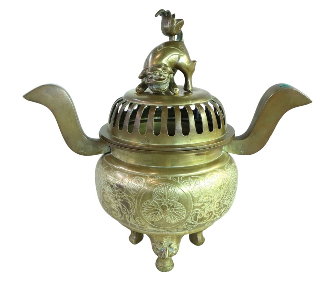 Vtg all brass Asian tri footed incense burner: Vintage all brass Asian tri footed incense burner with Chinese foo dog. 17"h x 19"w x 9"d