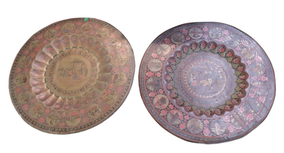 Antique Indian brass & enamel wall chargers (1 of 5)