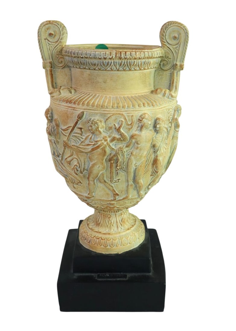IT Alvastone urn, museum reproduction w/paperwork: Italian Alvastone urn, museum reproduction of a roman trophy with paperwork. 14"h x 5.5" square base