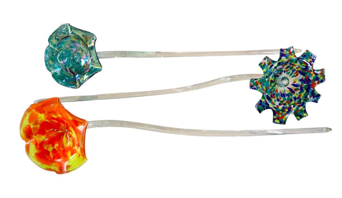 (3) 3 ft hand blown art glass flowers on stems (1 of 8)