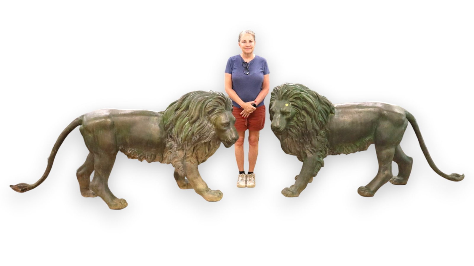 Awesome 6 x 3 ft Match Pair Standing Bronze Lions: Awesome match pair vintage of life size walking bronze lions, highly detailed, nice patina and large paw feet, left and right, structurally sound good condition for age. Ea. 38"h x 24"w x 78"l