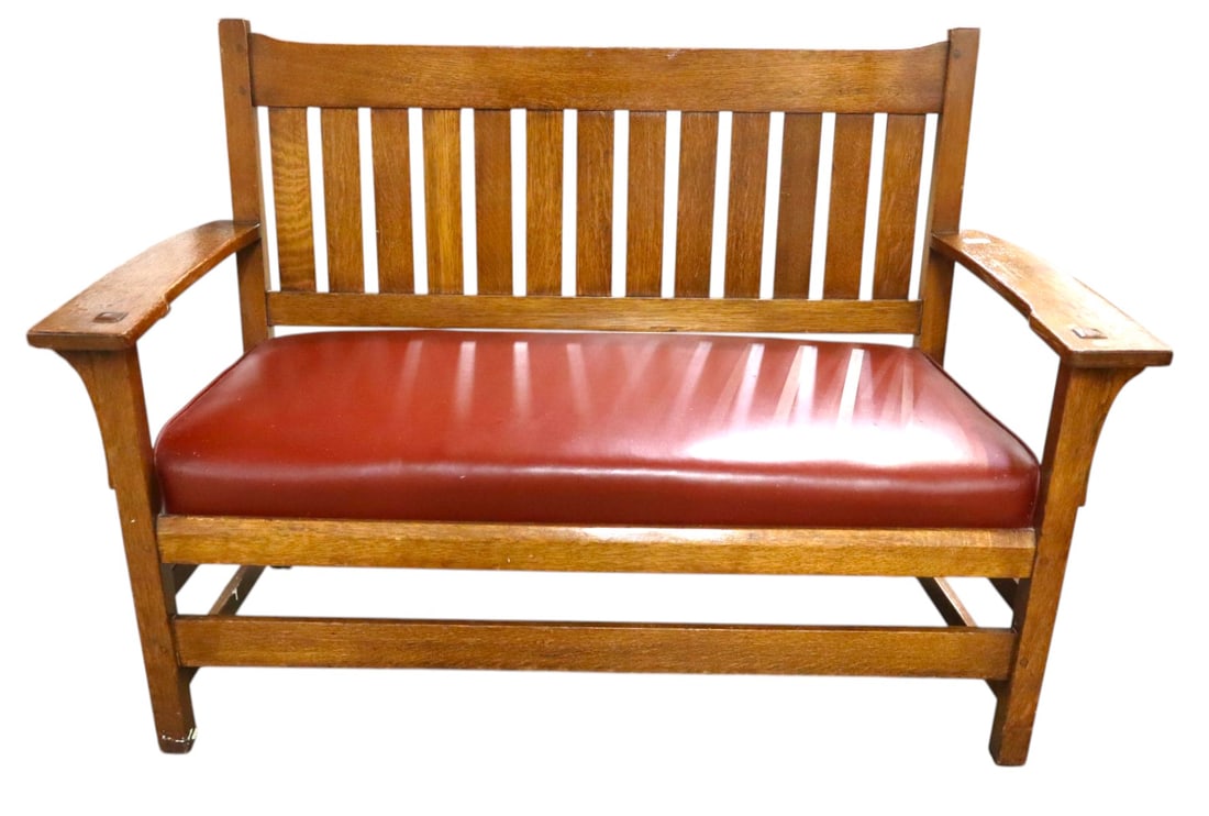 Antique L & J.G. Stickley slat back oak arm bench (1 of 5)