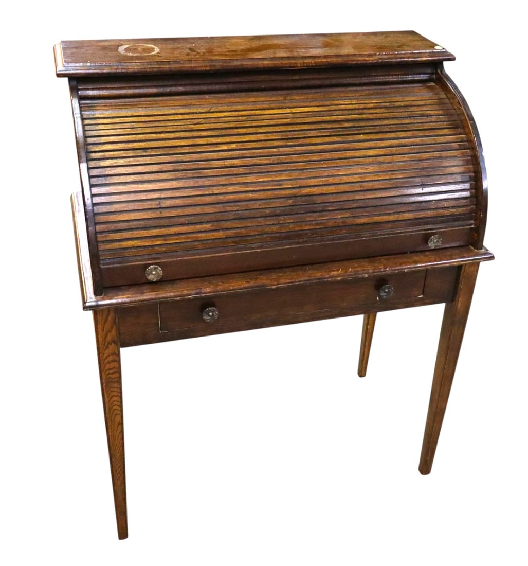 Antique petite roll top 1 drawer walnut finish desk (1 of 6)