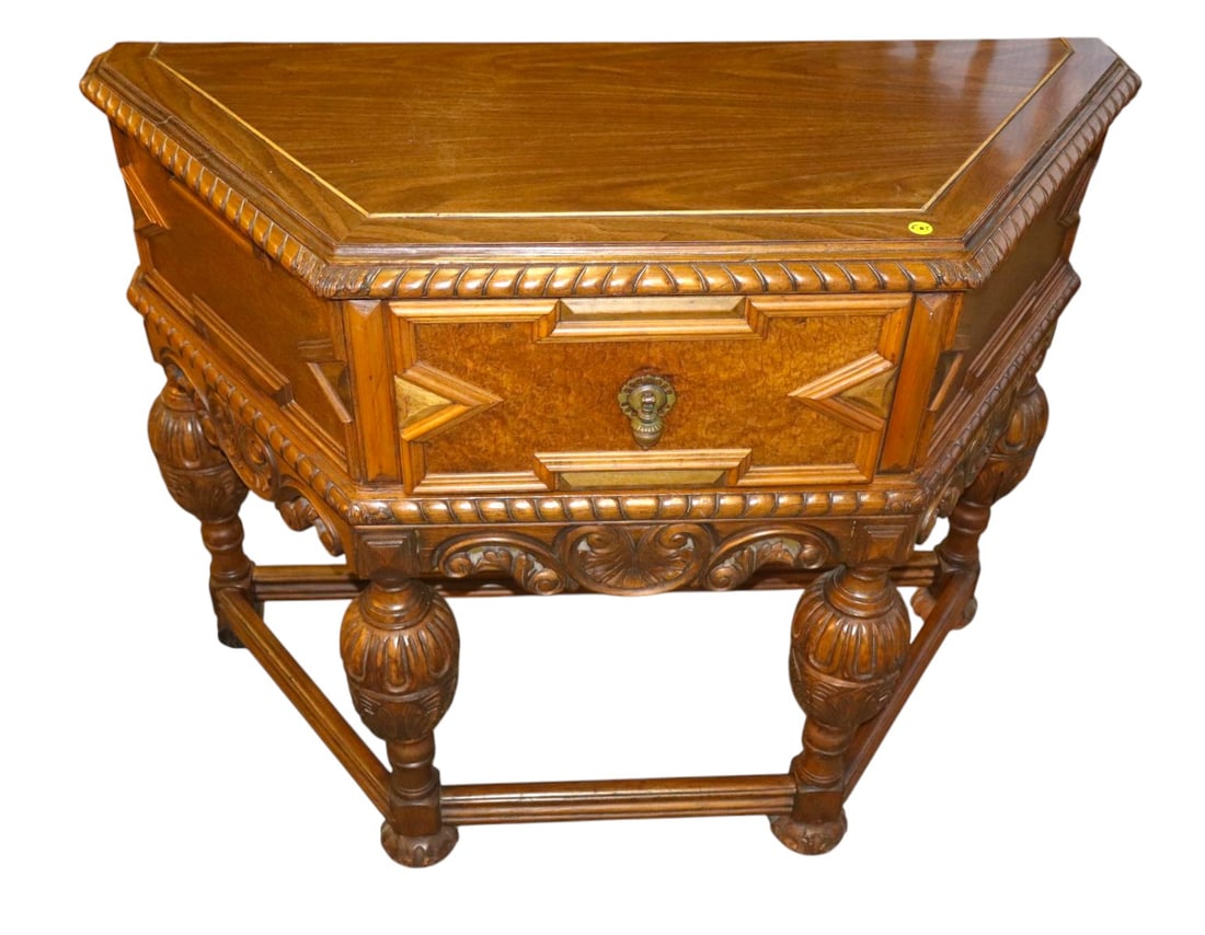 Antique Jacobean style 1 drawer walnut carved server: Antique Jacobean style 1 drawer carved server in walnut with burl walnut nut veneer has custom laminated wood grain formica top, structurally sound and in good condition for age missing part of one fo