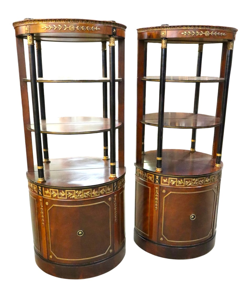 PR Vtg demilune regency mirrored 3 tier etageres: Nice pair of vintage demilune regency style 1 door mirrored back 3 - tier etageres in the mahogany with paint decorated columns and accents attributed to R-way Furniture in original finish, structural