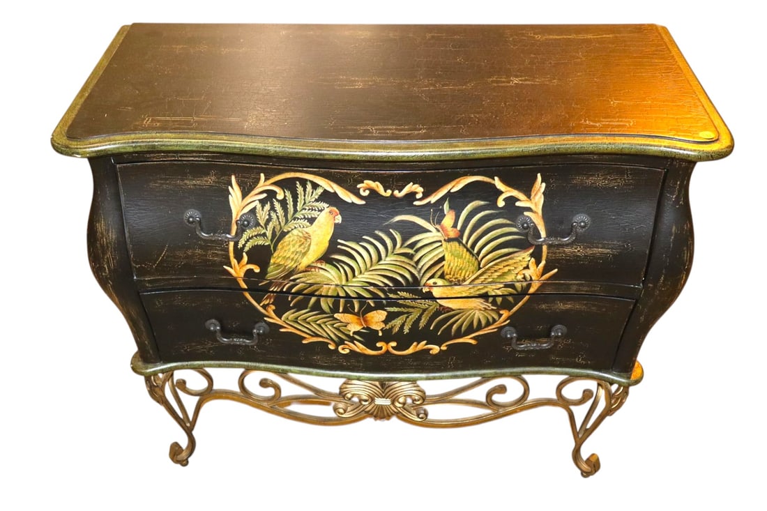 Parrot paint decorated chest on scroll metal legs (1 of 4)