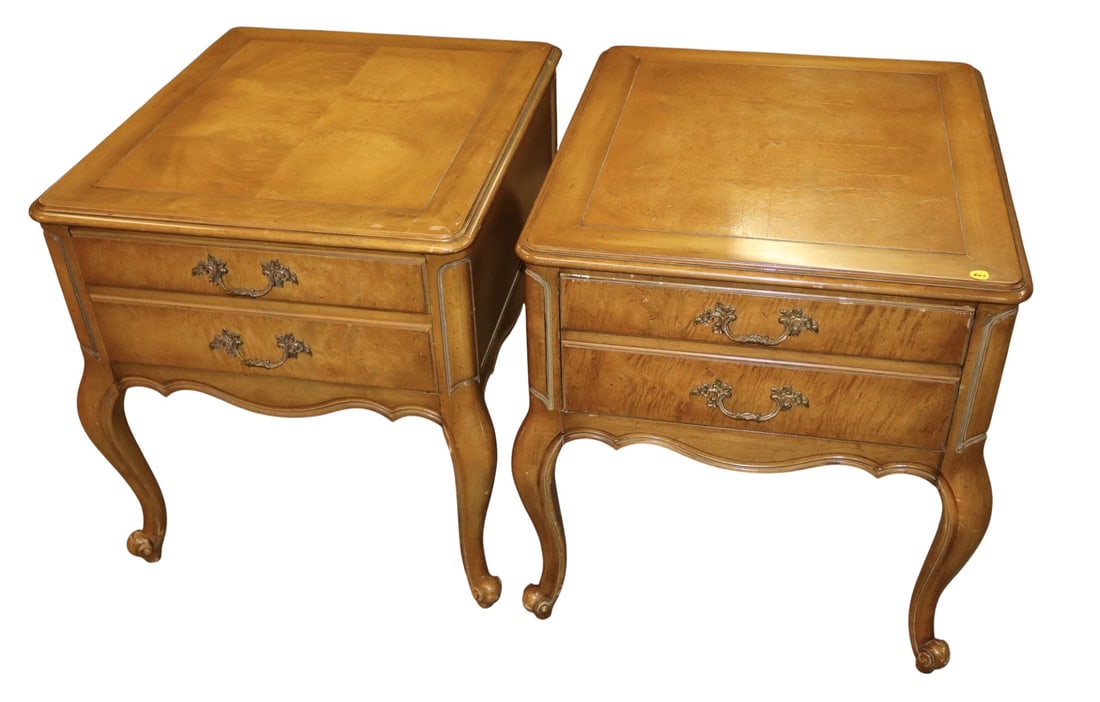 PR Weiman Furn Vtg burl walnut 1 drawer lamp tables (1 of 5)