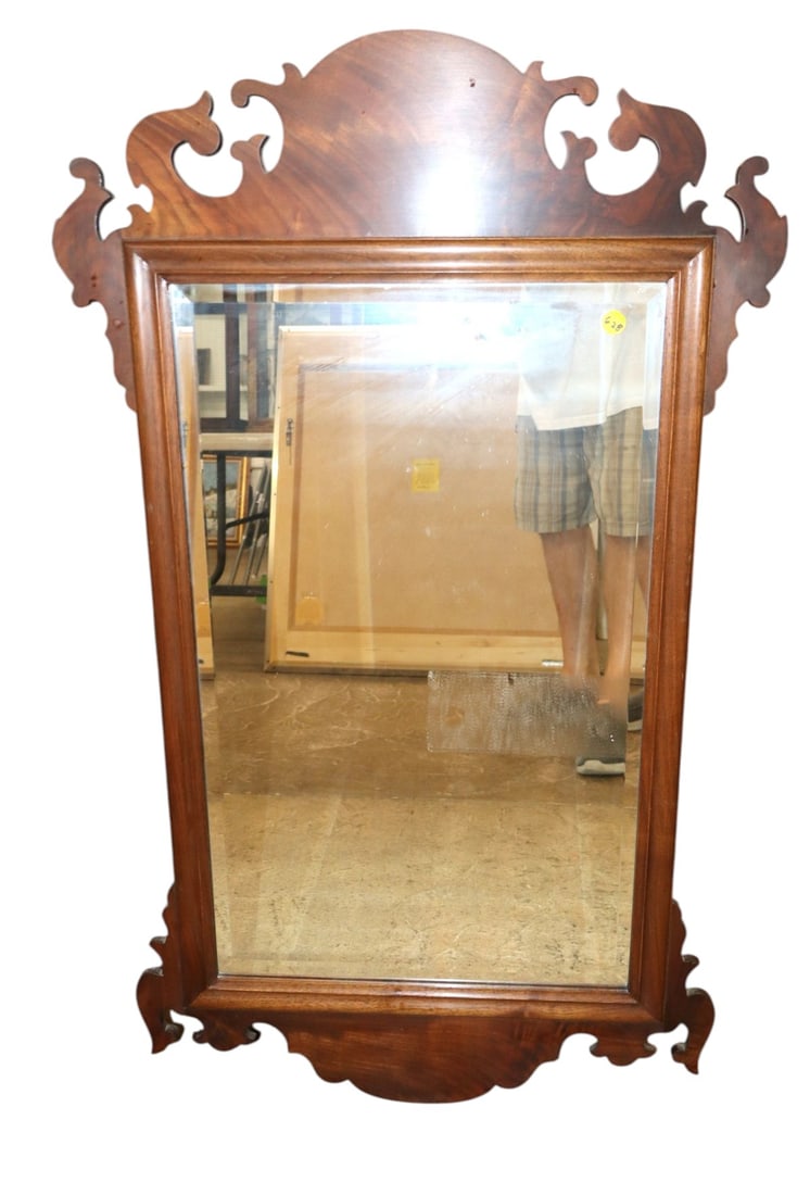 VTG Chippendale beveled mirror crafted AF Hackman 1975: Vintage solid mahogany Chippendale beveled mirror crafted by Arlington F. Hackman cabinet maker Lititz, PA dated 1975 original finish, structurally sound. 38.25"h x 22.5"w