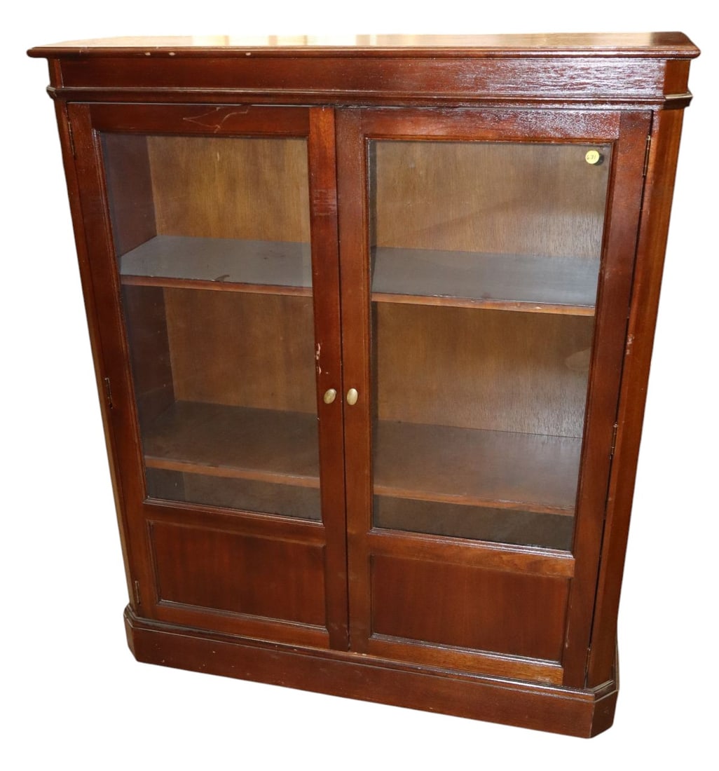 VTG solid mahogany bookcase w/adj. shelves: Vintage solid mahogany 2 door bookcase with 2 wood adjustable shelves, nice size, original finish, structurally sound with some surface wear. 51"h x 42"w x 14"d