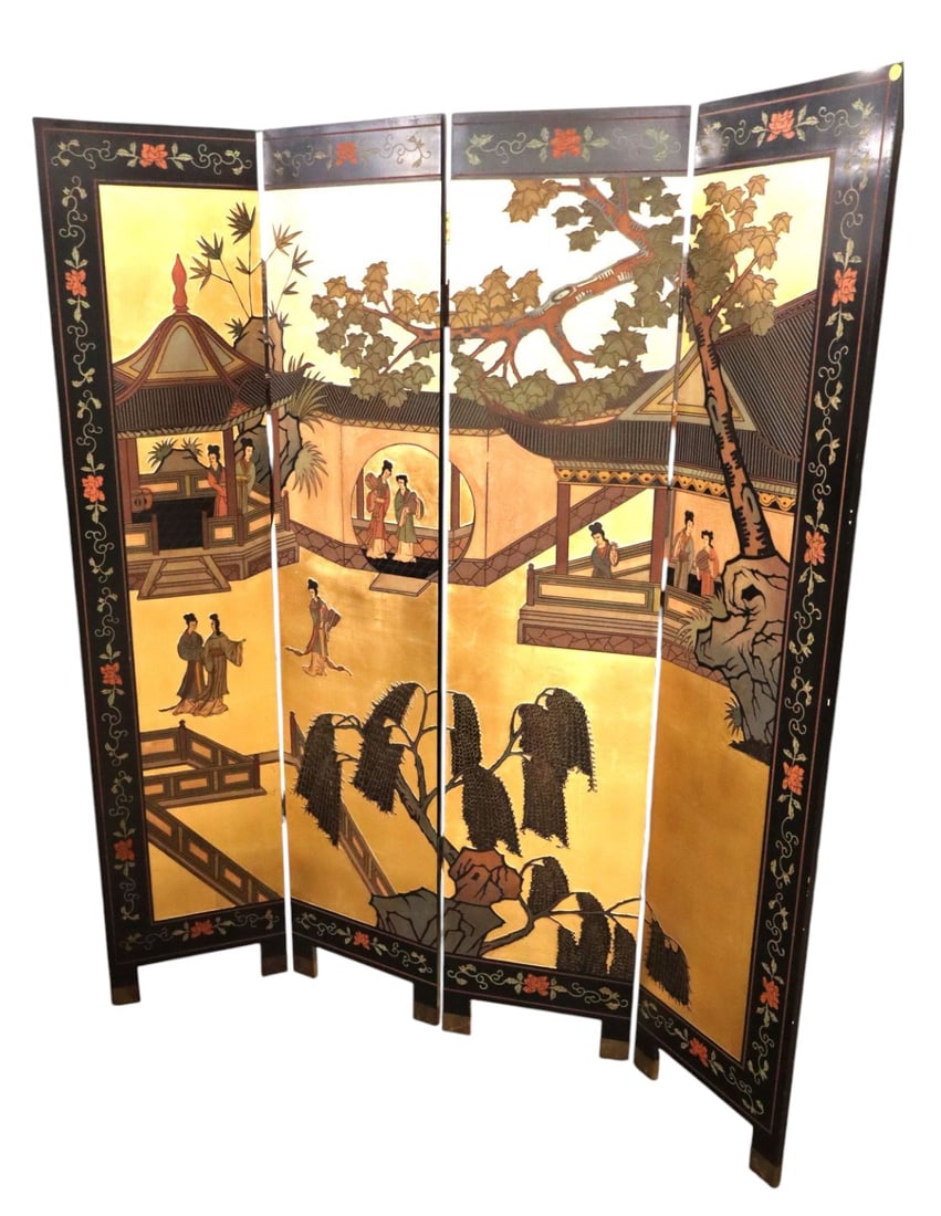 Vintage 4 section Asian decorated room screen (1 of 4)