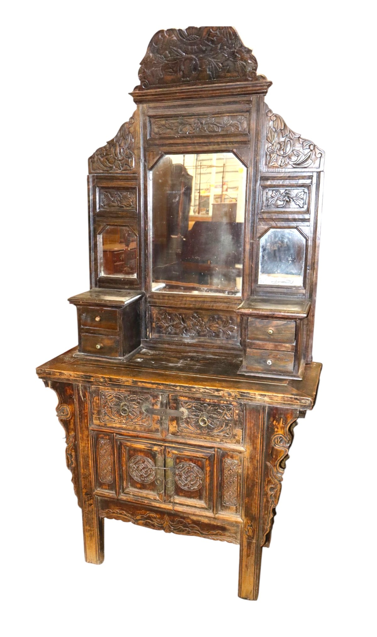 Ant. 2 part Asian hardwood server orig stamp & mirror (1 of 9)
