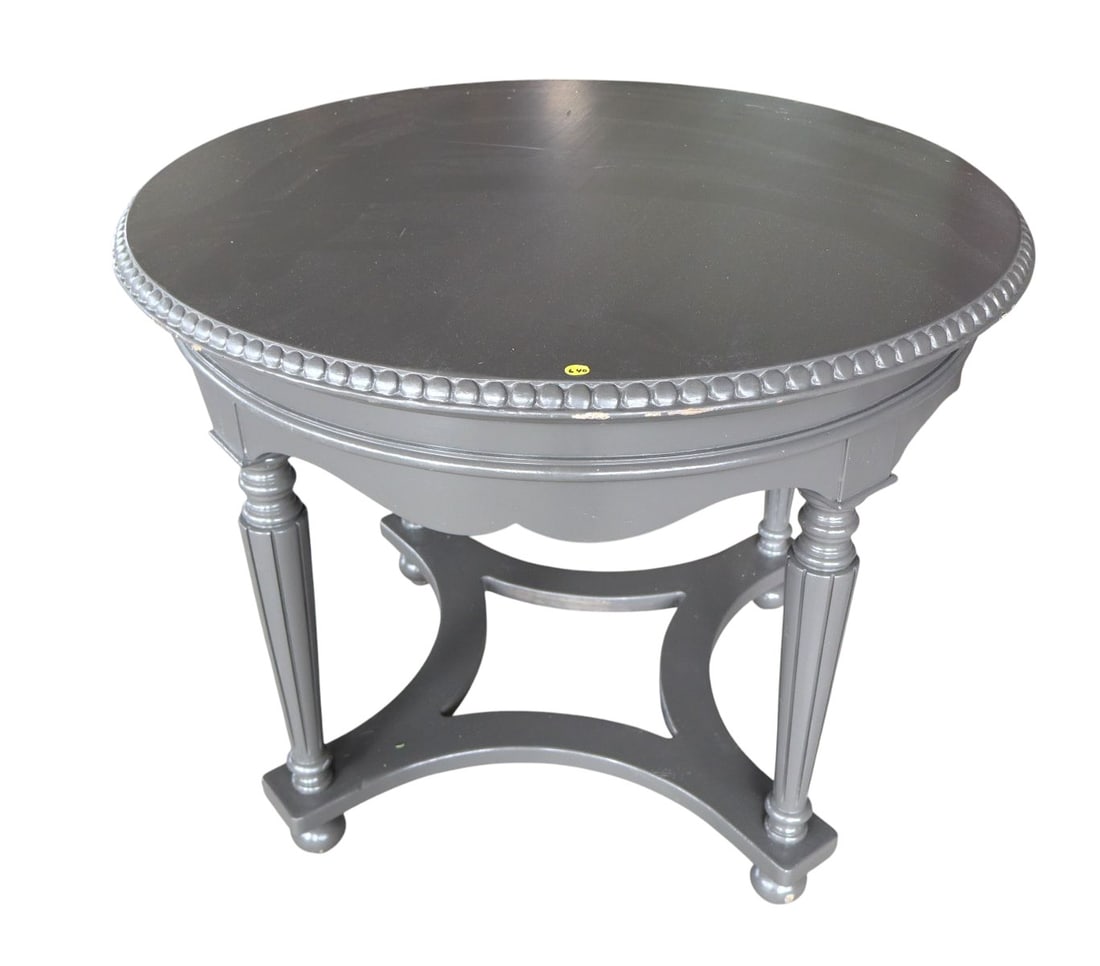 Carved 38" round center table in grey paint: Carved 38" round center table in grey paint, structurally sound with some wear on top 30.5"h x 38" diameter
