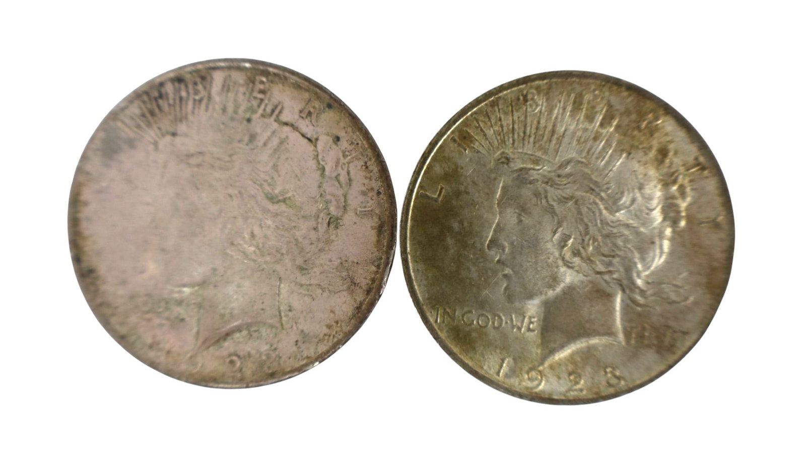 (2) US silver peace dollars $1 dated 1923 & 1923 (1 of 2)