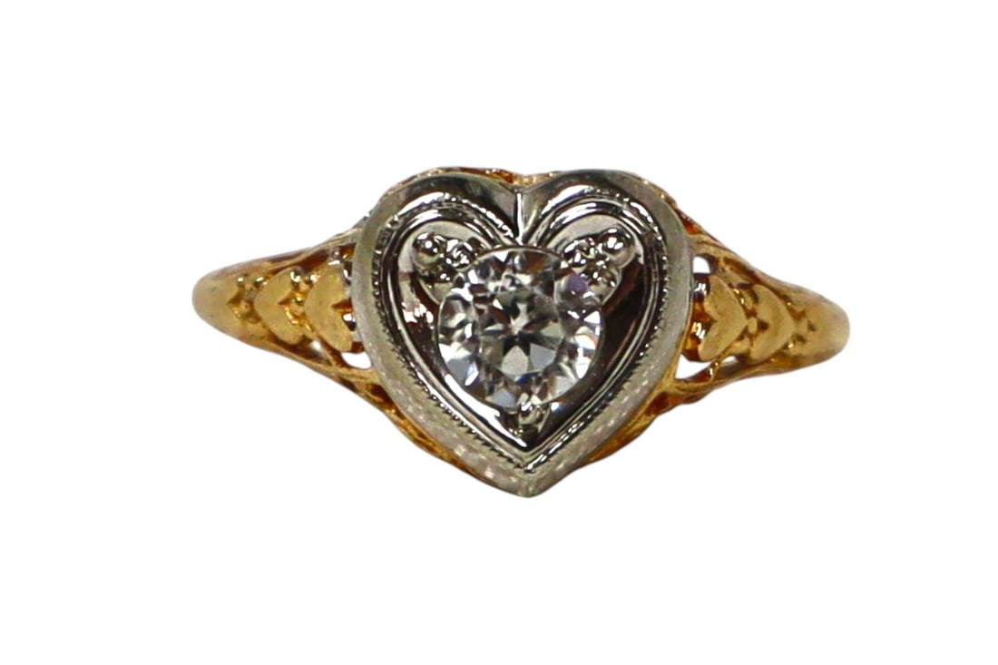 14k yellow gold diamond heart ring size 4.5: 14k yellow gold ring, filigree with heart shape style diamond stone, semi antique, approx. size 4.5