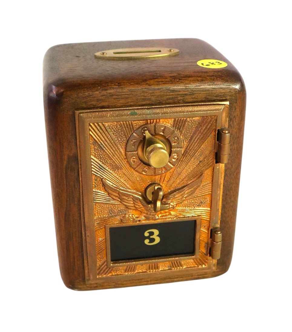 Antique walnut case post office style bank: Antique walnut case post office style bank seems to be all original and structurally sound. 6.25"h x 5"w x 4.75"d