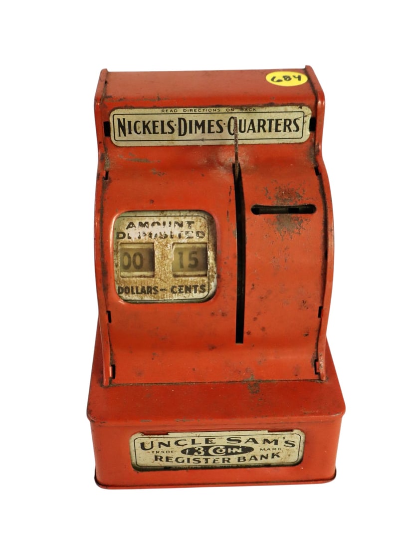Antique Uncle Sam 3 coin register bank original tin/paint: Antique Uncle Sam 3 coin register bank in original tin and original paint, structurally sound. 6.5"h x 5"w x 5"d