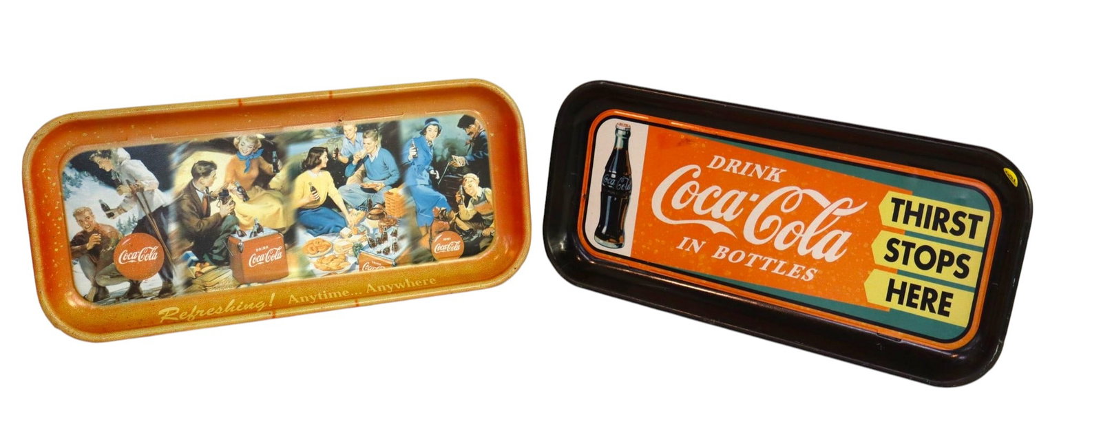 2 vintage Coca-Cola metal advertisement trays: 2 vintage Coca-Cola metal advertisement trays. 8.5"h x 19"l x 1"d